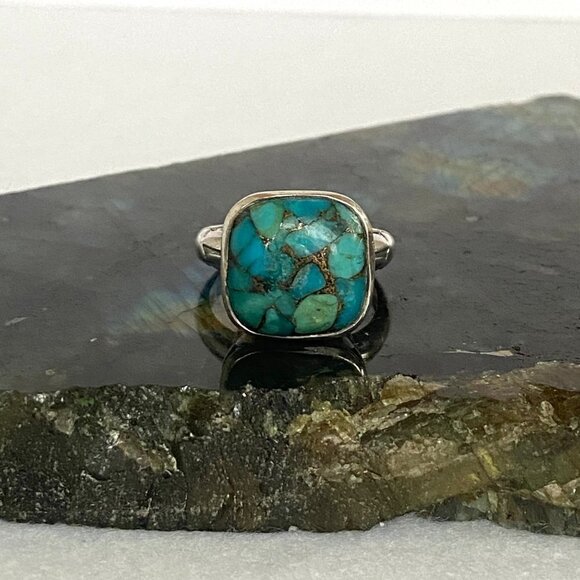 Sterling Silver 925 India Chunky Pebbled Bezel Set Square Turquoise Ring Sz 8 - Picture 3 of 16